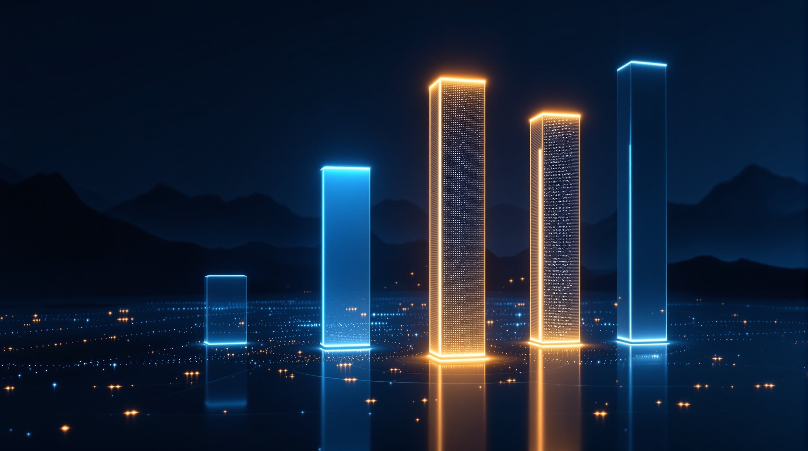 Futuristisches Dashboard mit vier leuchtenden Trend-Säulen in Navy-Blau mit Gold-Akzenten – Symbol für die 4 AI Voice Agent Trends 2026 für österreichische KMUs