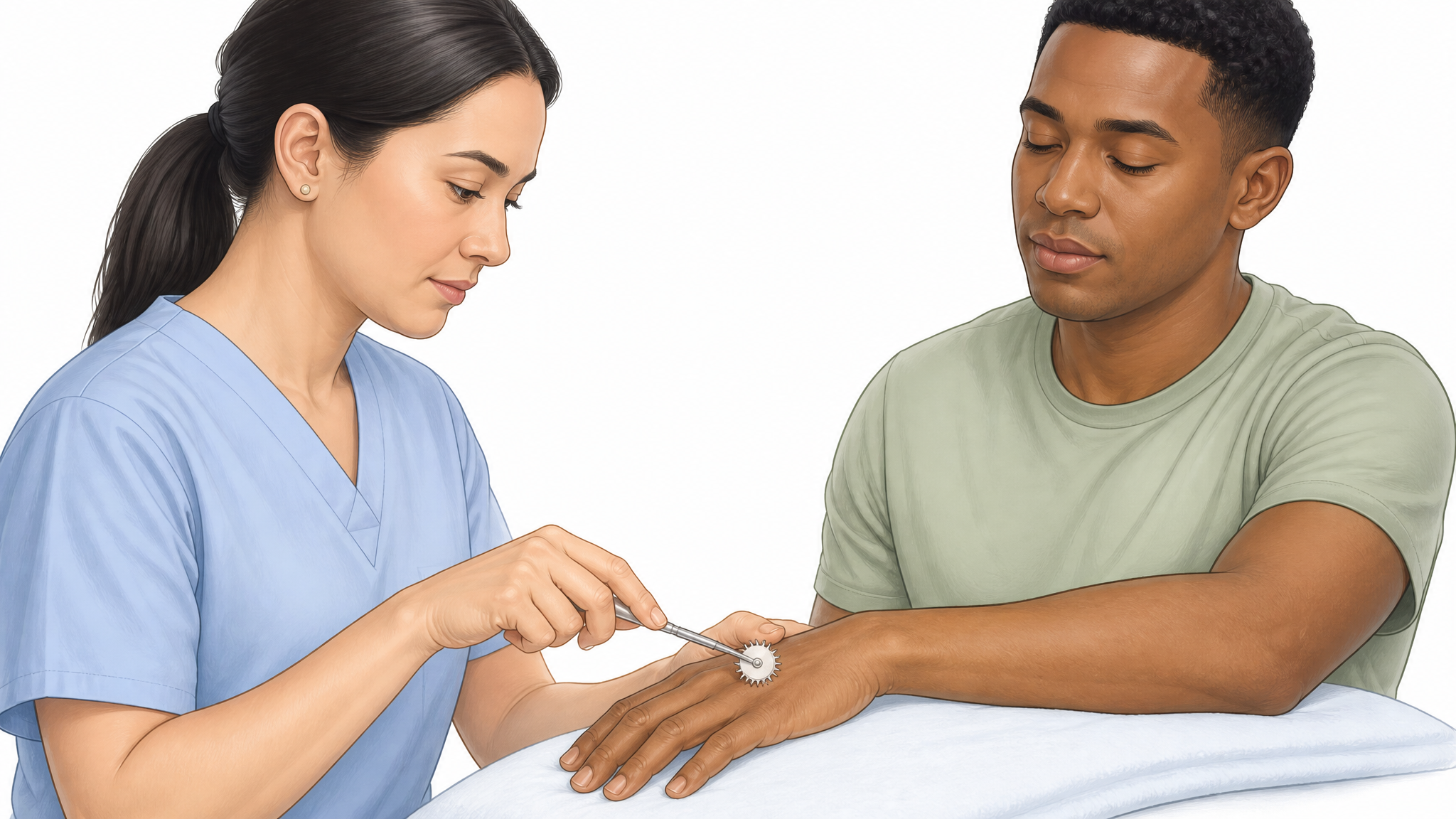 Illustration of a clinician rolling a neurological pinwheel across the back of a patient's hand while the patient's eyes are closed, testing sensation and proprioception