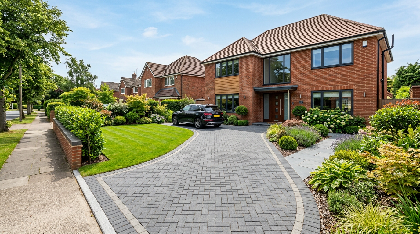 A beautifully completed residential driveway and landscaped front garden by P.C.S. Ltd