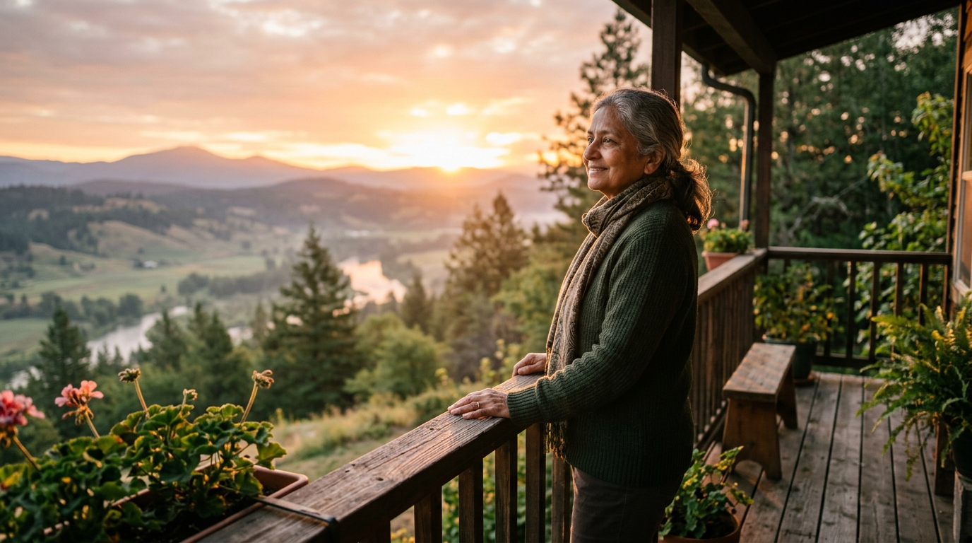South Asian woman veteran in her 60s looking at a sunrise from a porch, representing hope and recovery