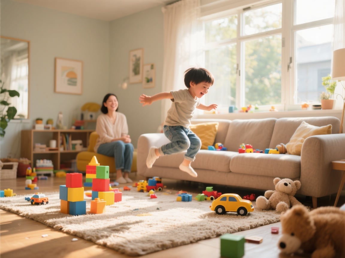 Child energetically jumping on couch while parent observes calmly.