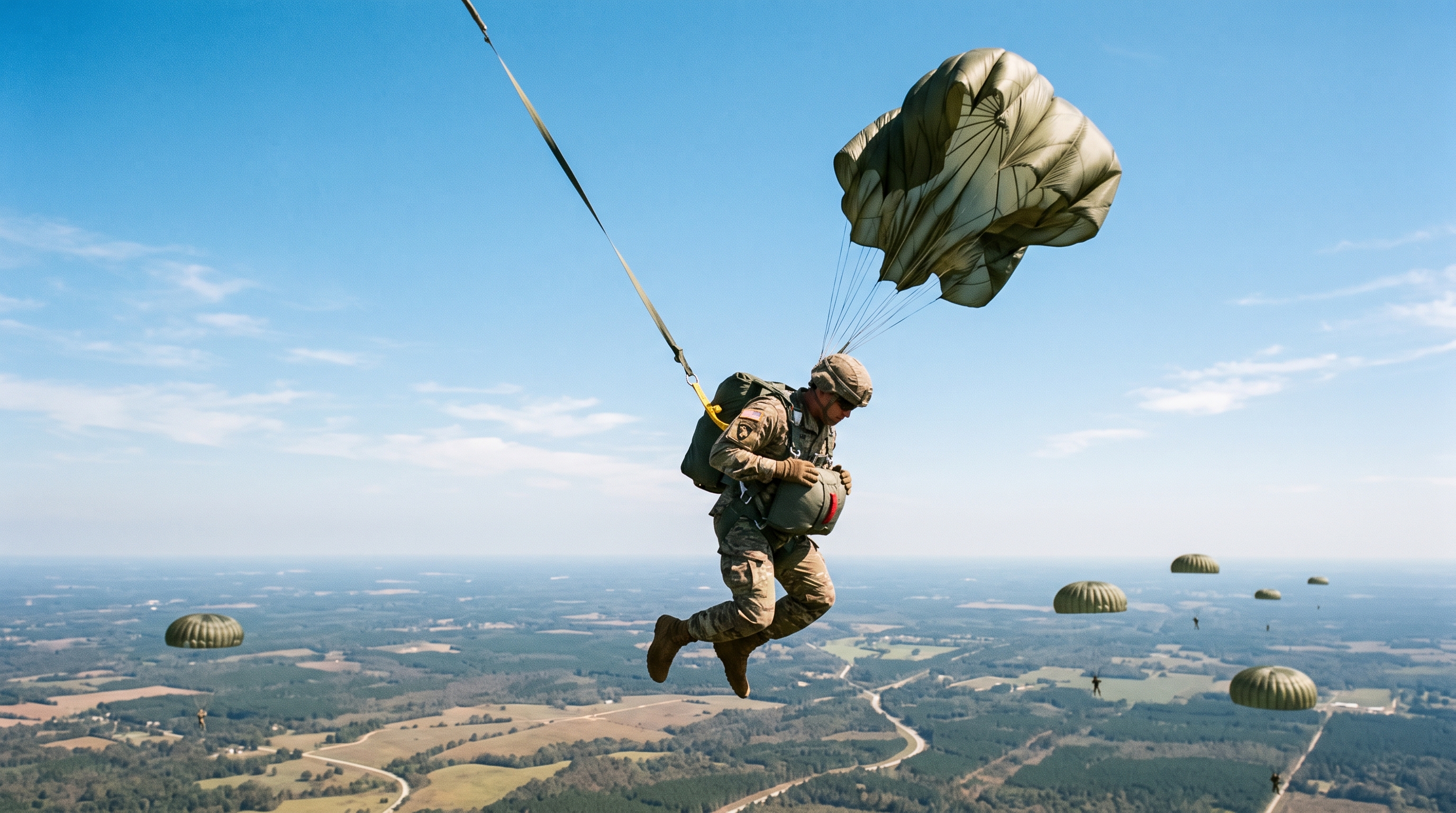 A military paratrooper mid-jump during a hazardous airborne operation