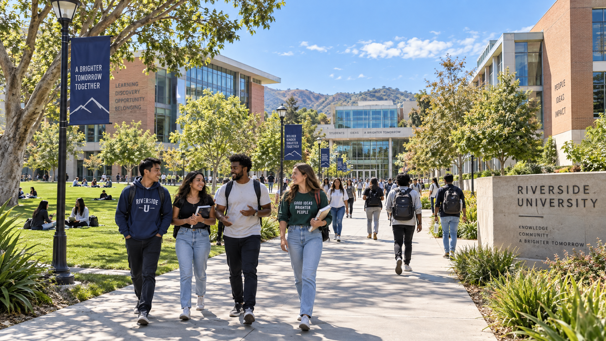 Cal Poly Pomona campus with students walking along tree-lined paths