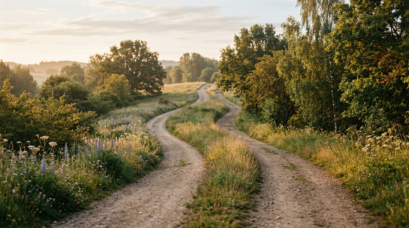Two gentle parallel paths through a calm sunlit landscape, suggesting separate but peaceful parenting journeys