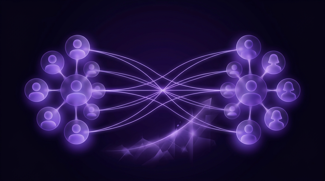 Two glowing groups of abstract human silhouette nodes on either side of a dark violet frosted-glass scene, joined by softly glowing light-threads meeting in the middle above an upward growth curve, representing a staffing agency connecting employers and job seekers through search