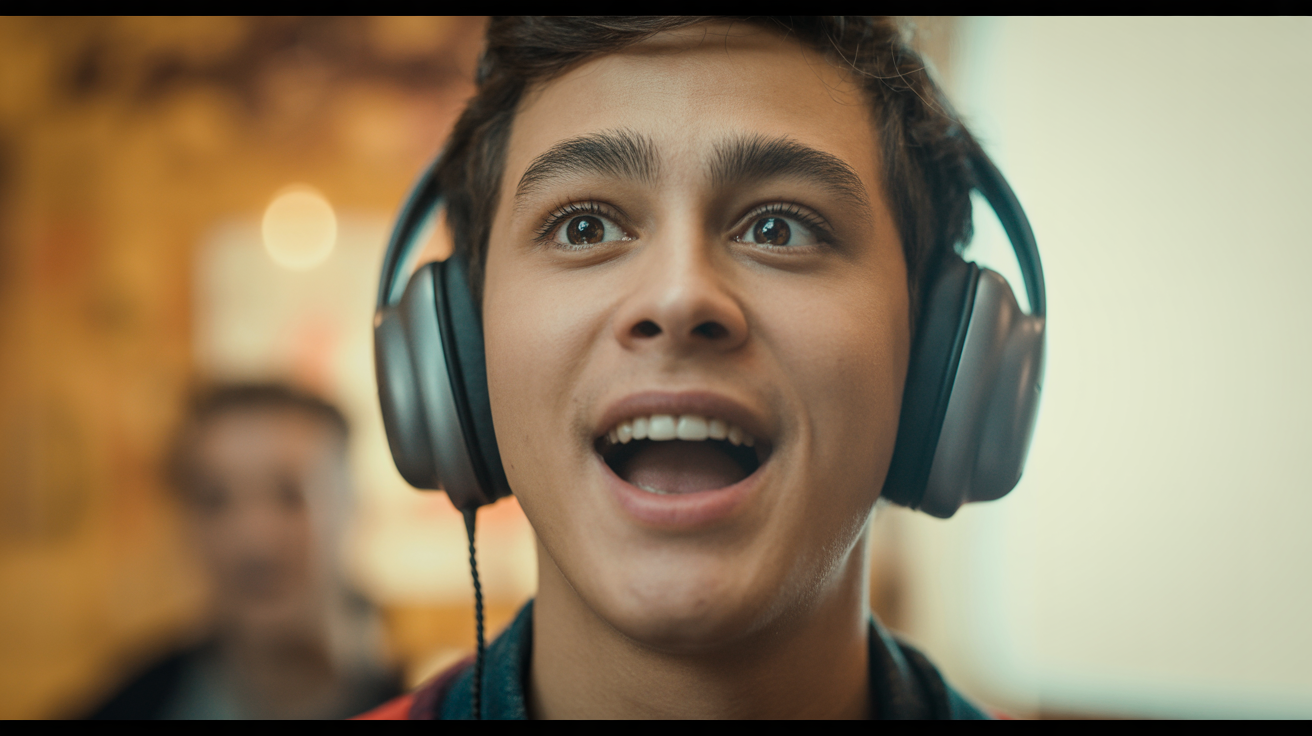 Enthusiastic learner practicing pronunciation with headphones