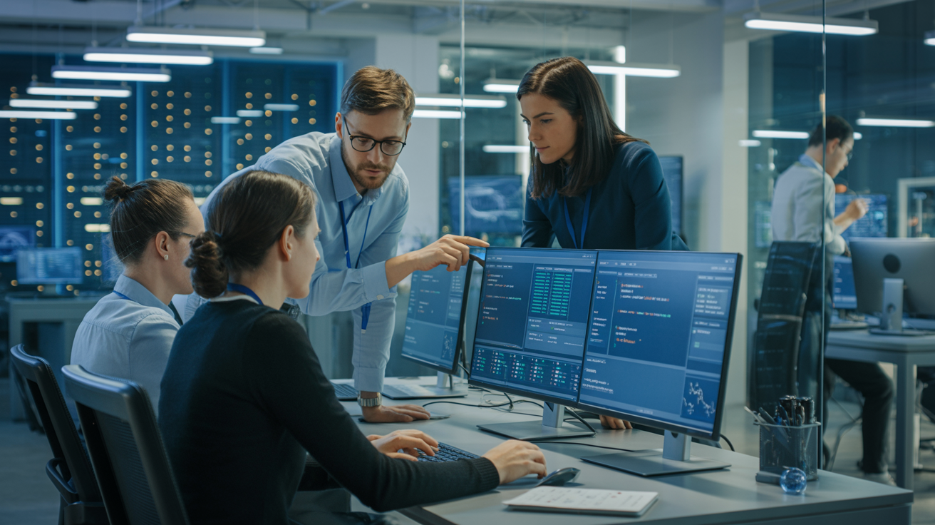 Modern technology office environment with professionals collaborating