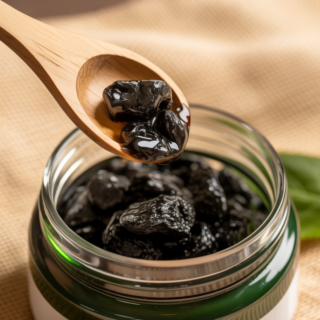 Hochwertiges Shilajit wird mit Holzlöffel aus Glasbehälter entnommen