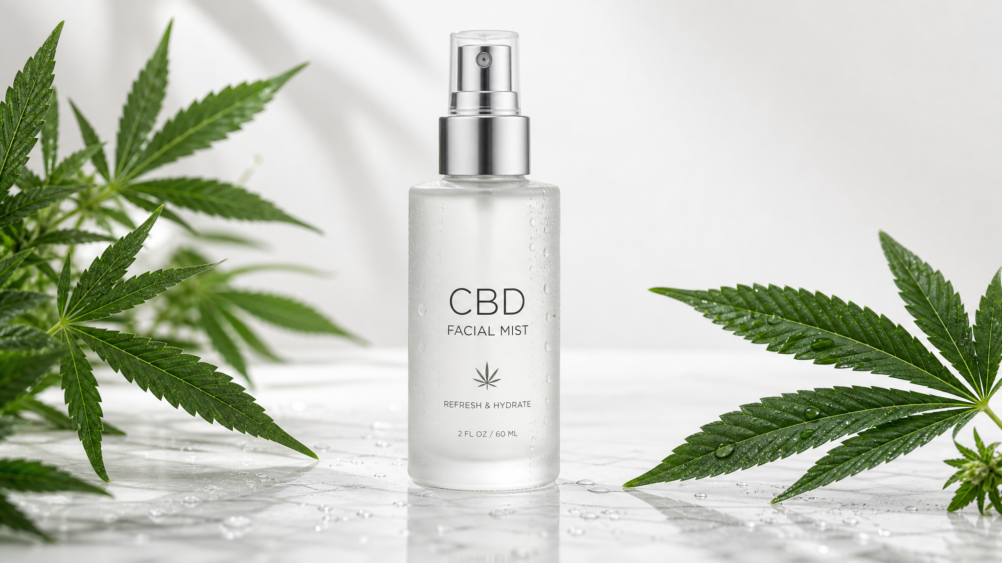 CBD Facial Mist spray bottle with hemp leaves on marble surface