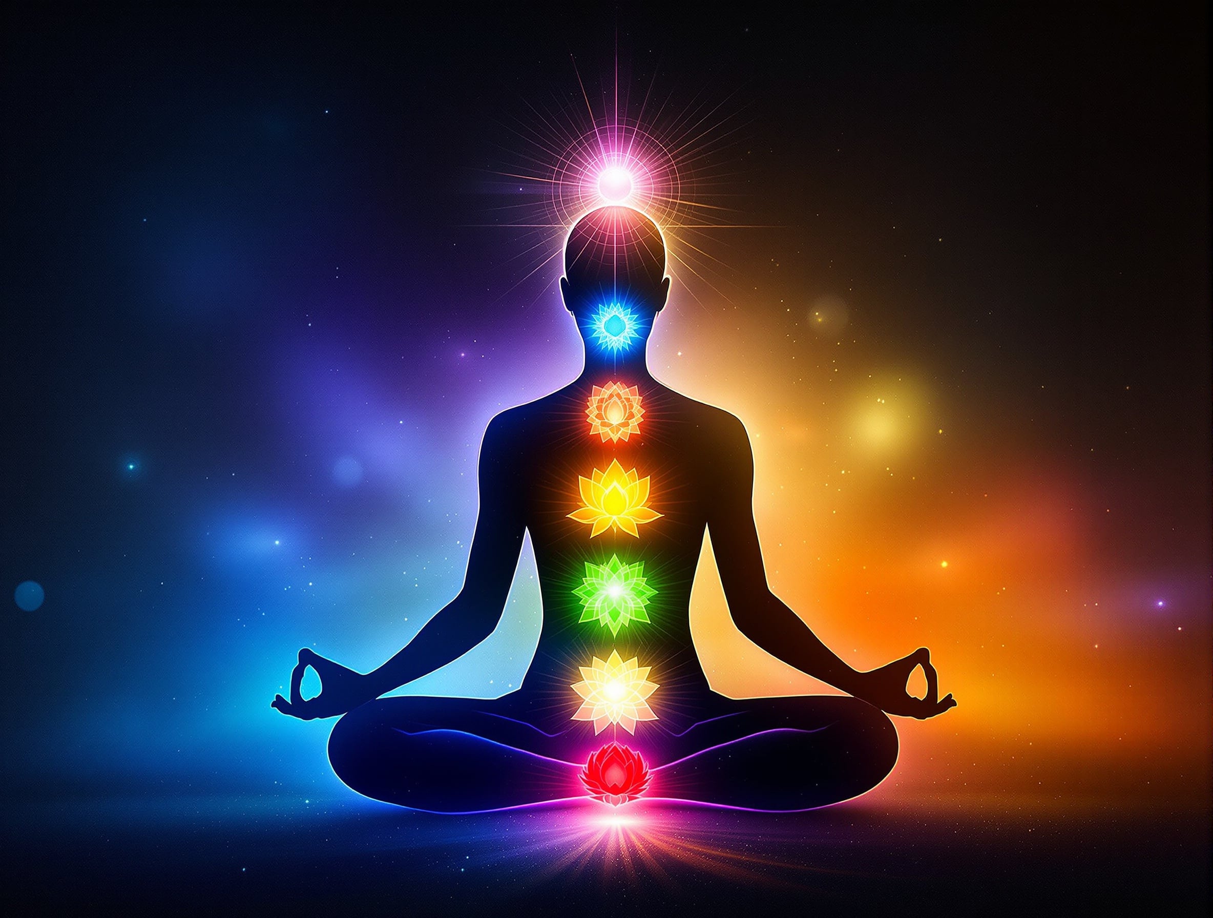 Silhueta osobe u meditaciji sa prikazom čakri u različitim bojama duž tela koje simbolizuju energiju i svest