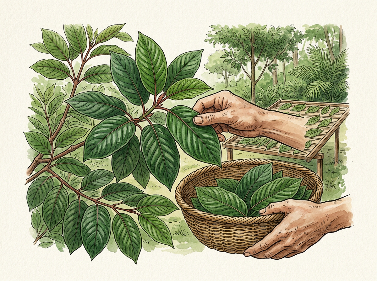 Illustration of hands picking mature kratom leaves into a woven basket beside a drying rack