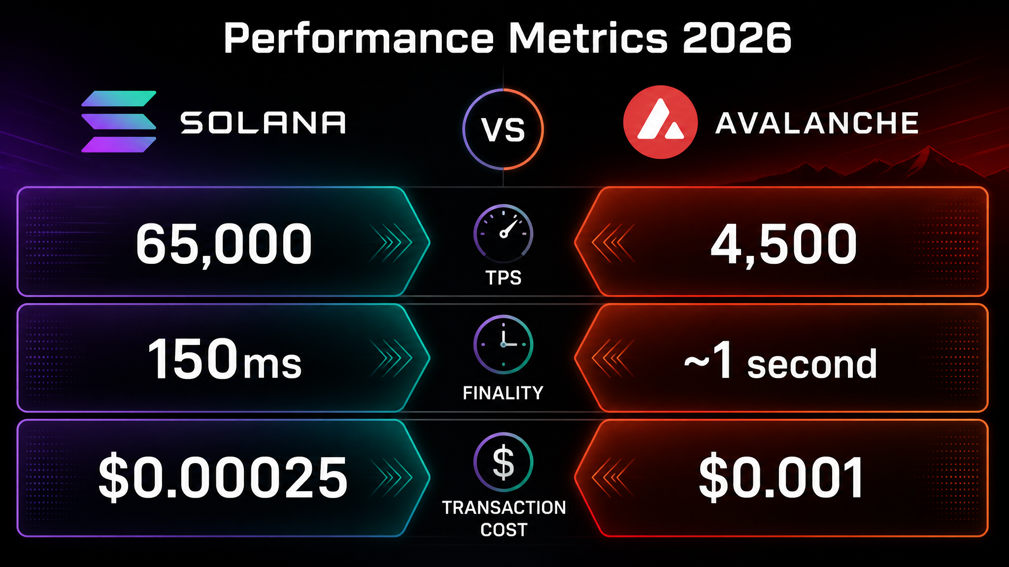 Solana vs Avalanche 2026 performance metrics comparison — TPS, finality, and fees