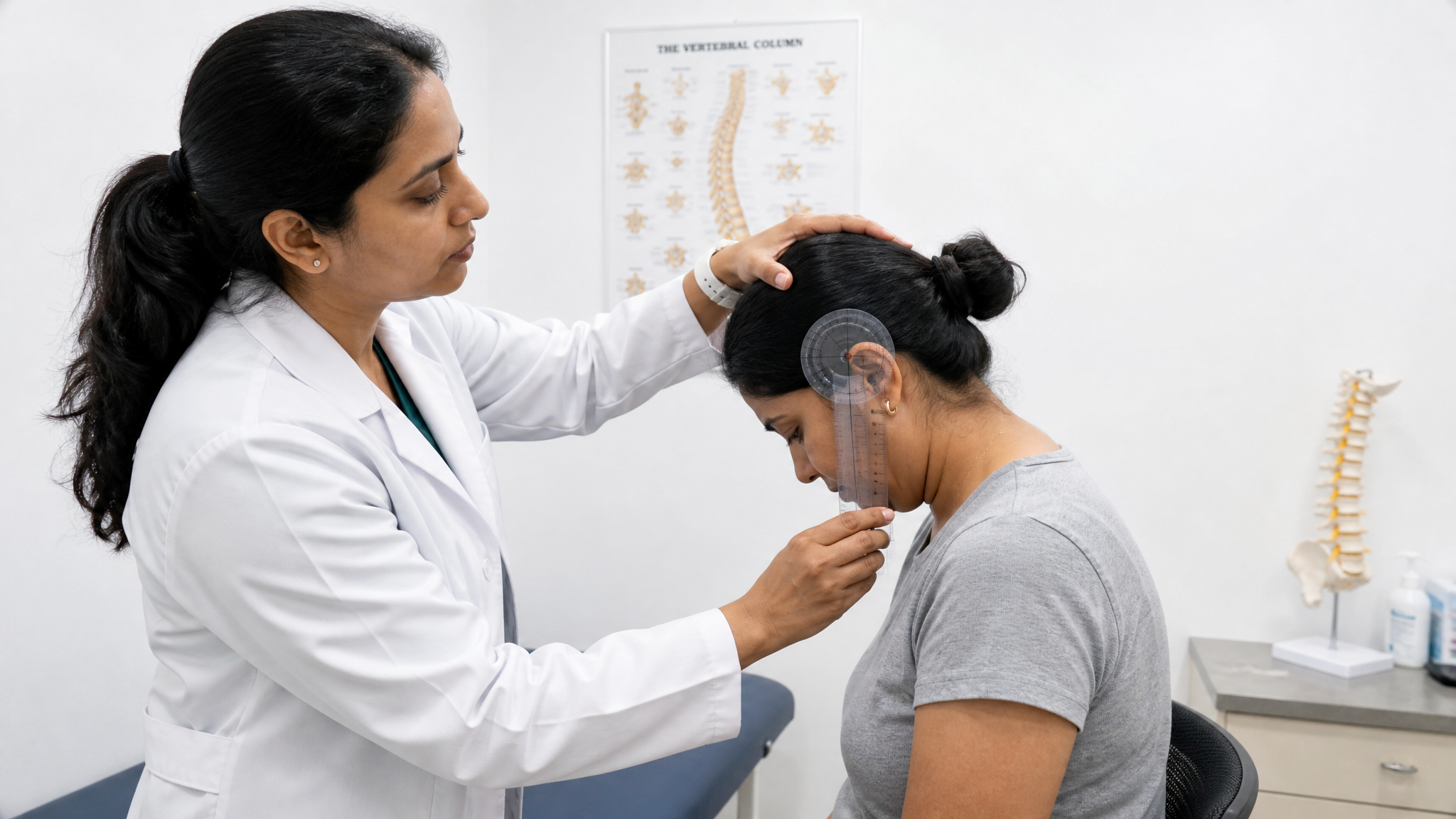 Clinician measuring a seated South Asian female patient's cervical forward flexion with a goniometer held against the head as she drops her chin toward her chest