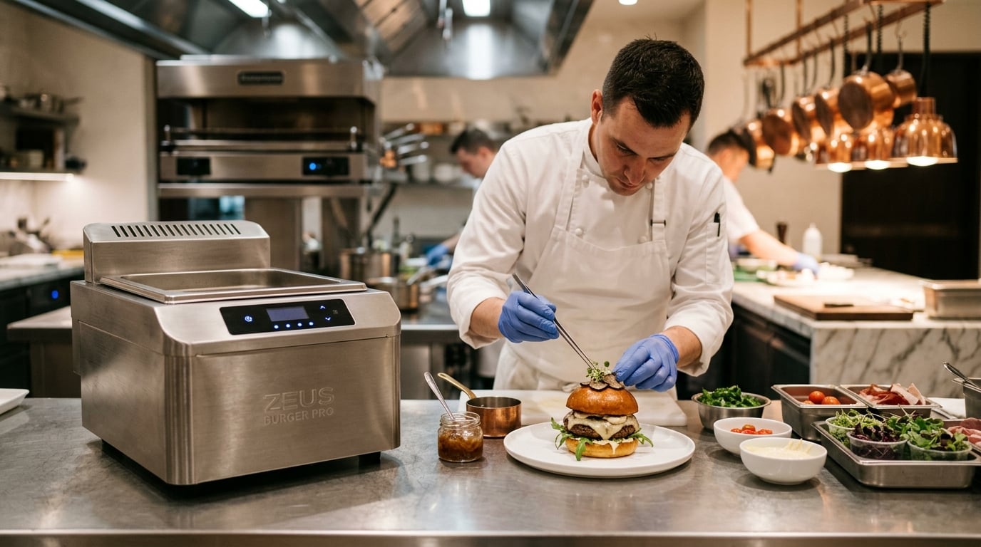 Chef in elegant fine dining kitchen plating a gourmet burger next to a Zeus Burger Pro unit