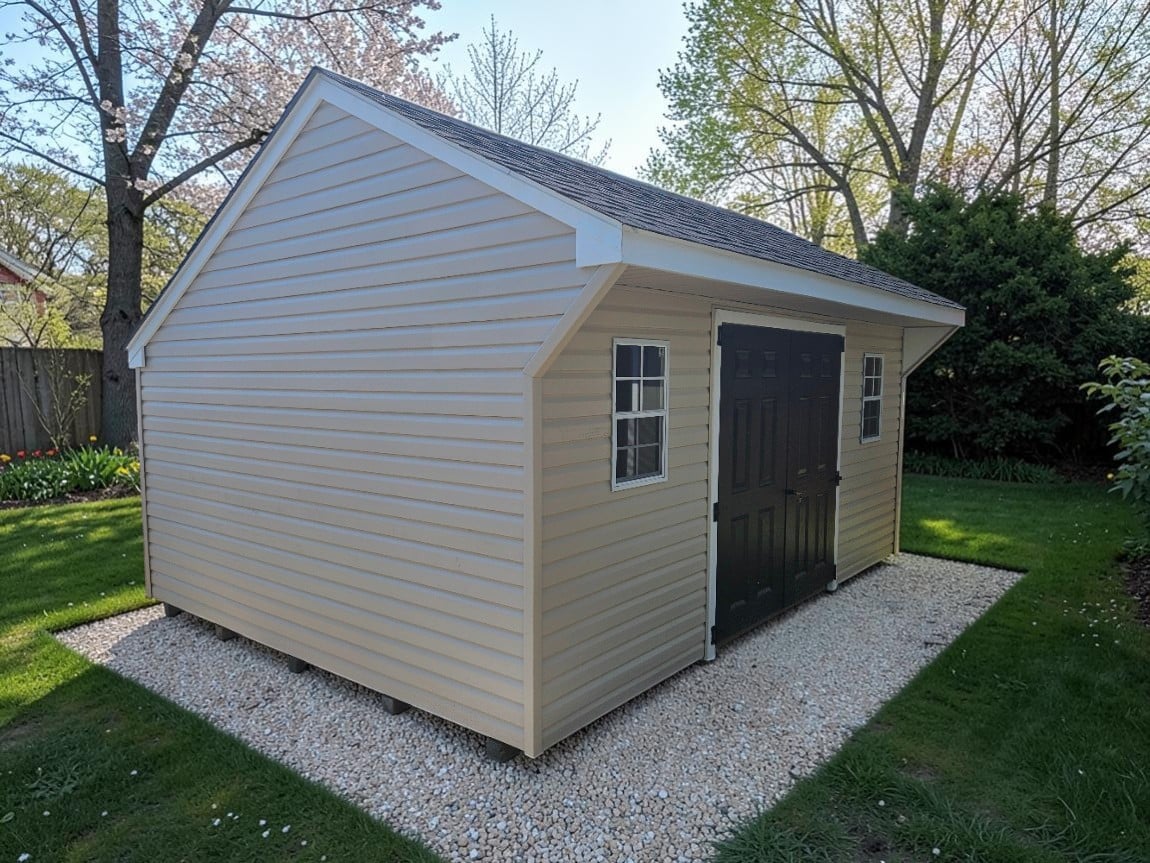 12X16 Refurbished Quaker with Sandstone Vinyl Siding and White Trim