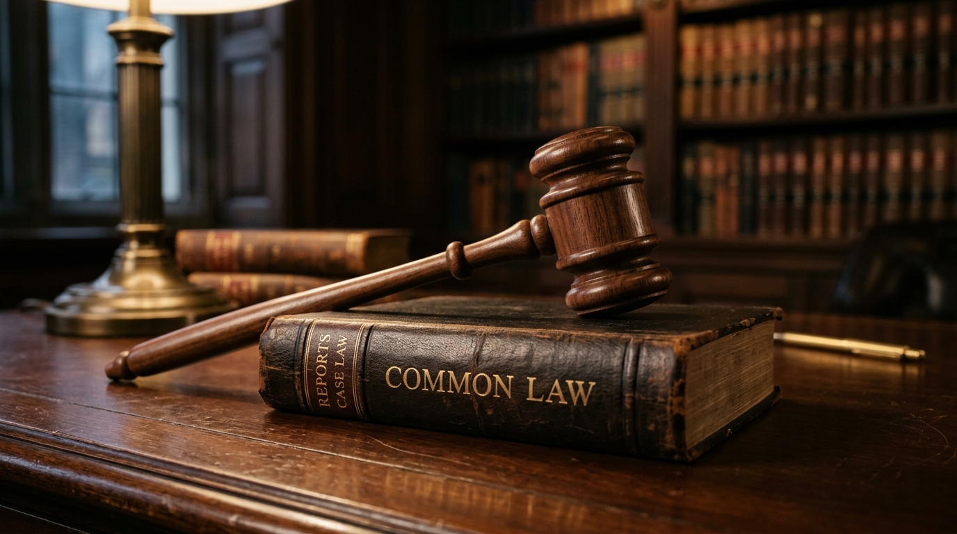 Professional judge's gavel resting on a leather-bound law book on a polished wooden desk