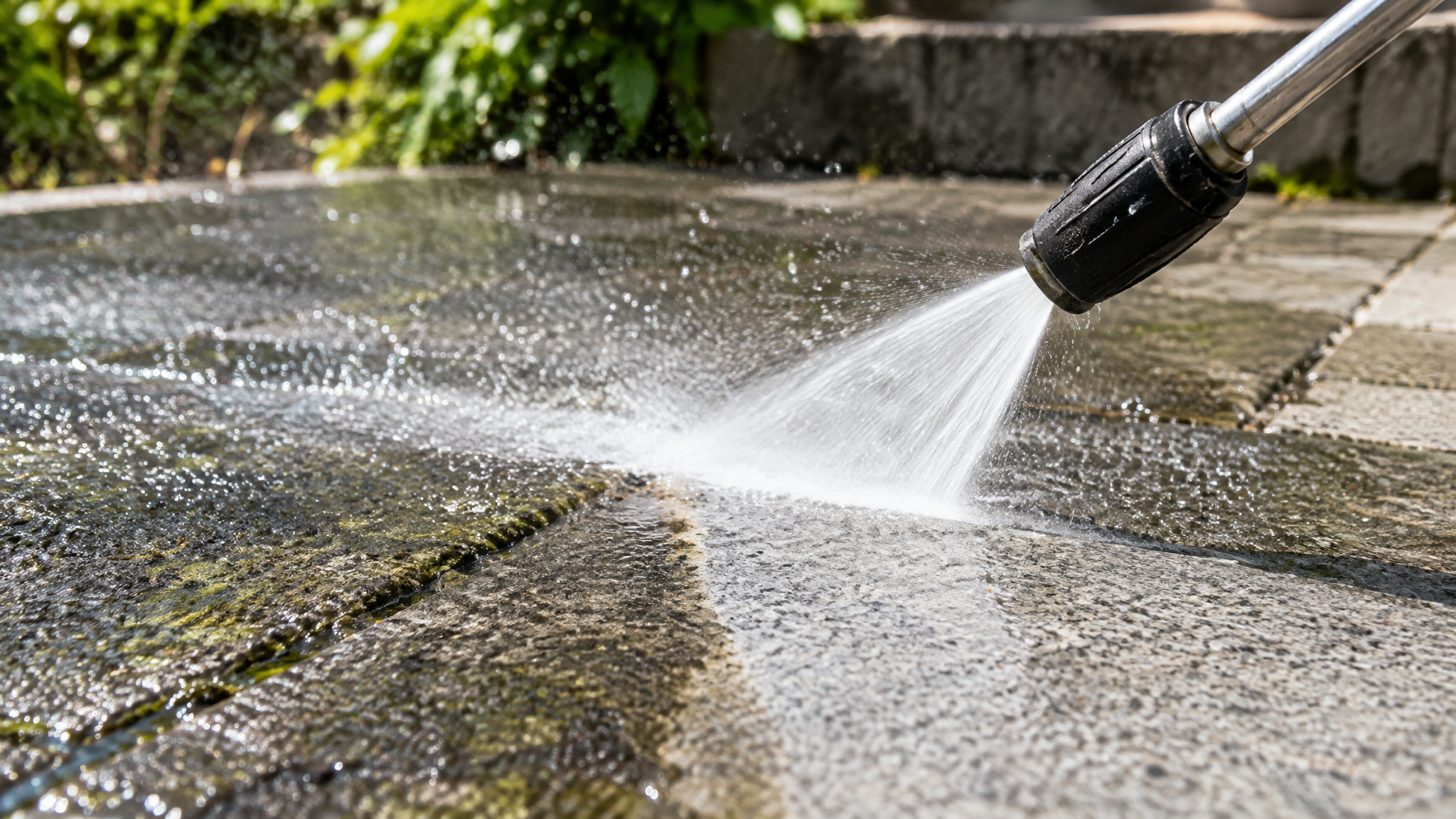 Close-up of pressure washing a stone surface