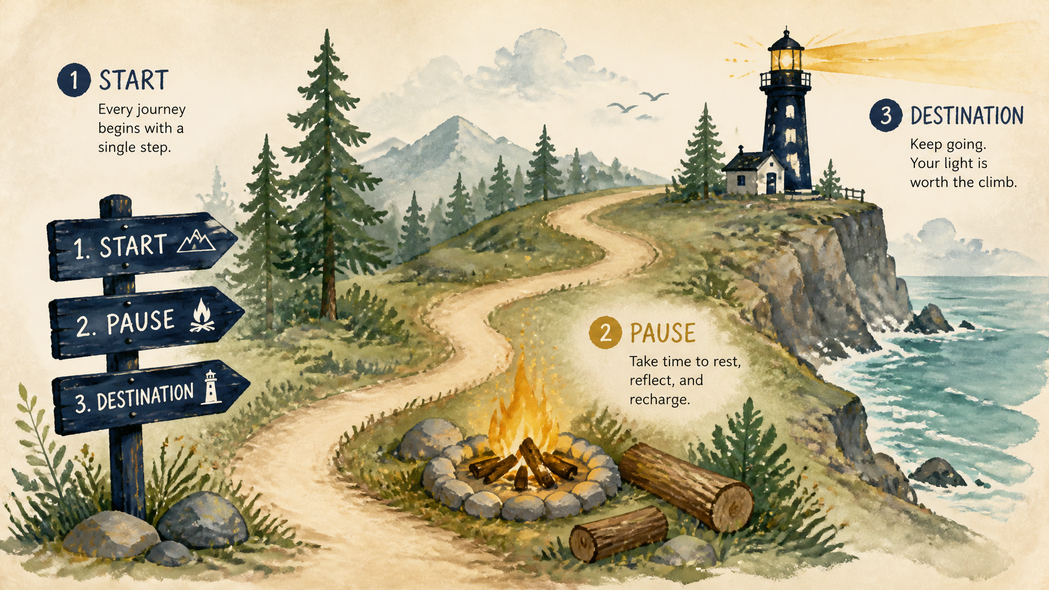 A winding trail from signpost through campfire to lighthouse representing the three steps