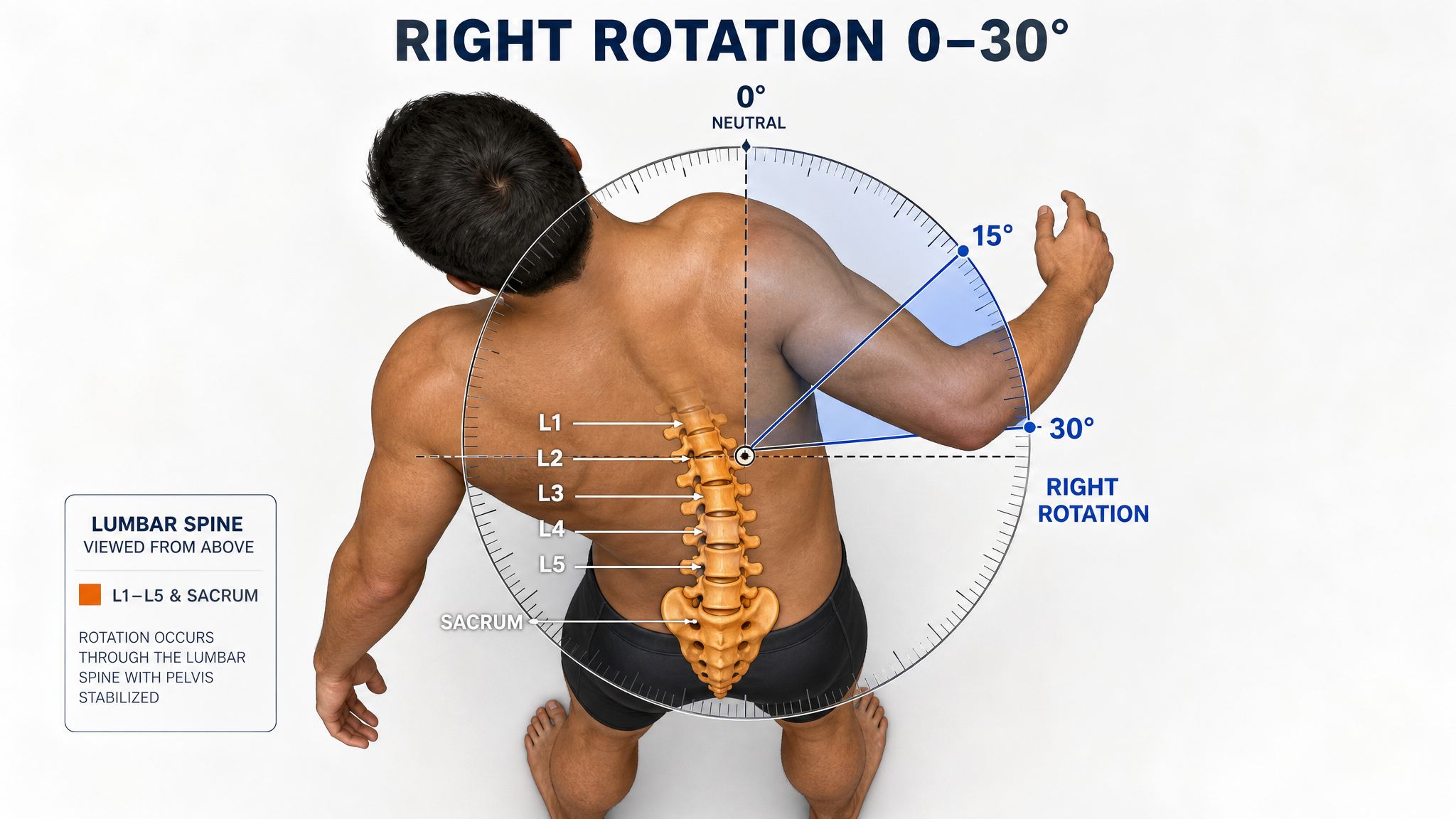 Clinical illustration of right lumbar rotation viewed from above — a male figure twisting the trunk to the right with the pelvis stabilised, the L1–L5 spine and sacrum overlaid and a goniometer protractor arc measuring the angle