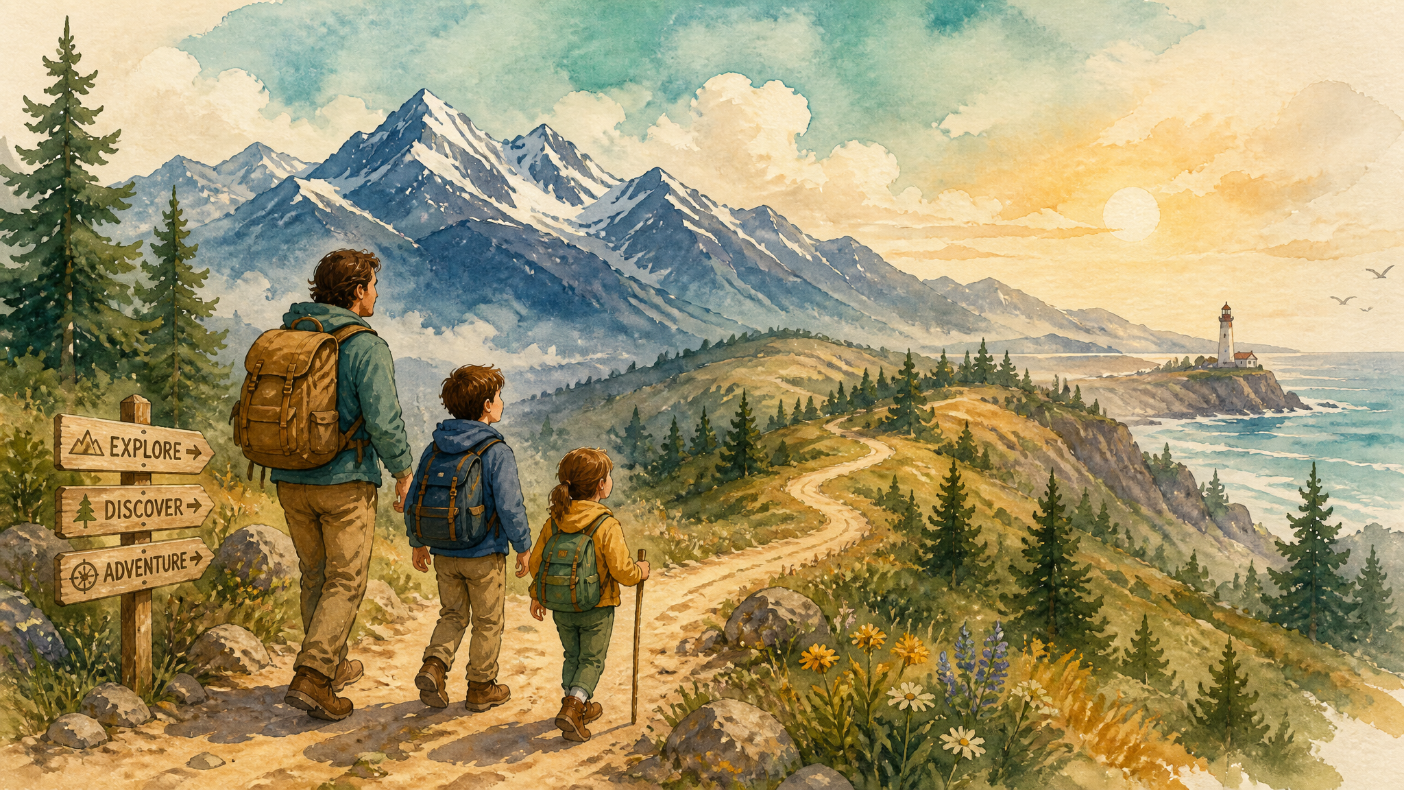 Family exploring nature on a mountain trail with a lighthouse in the distance
