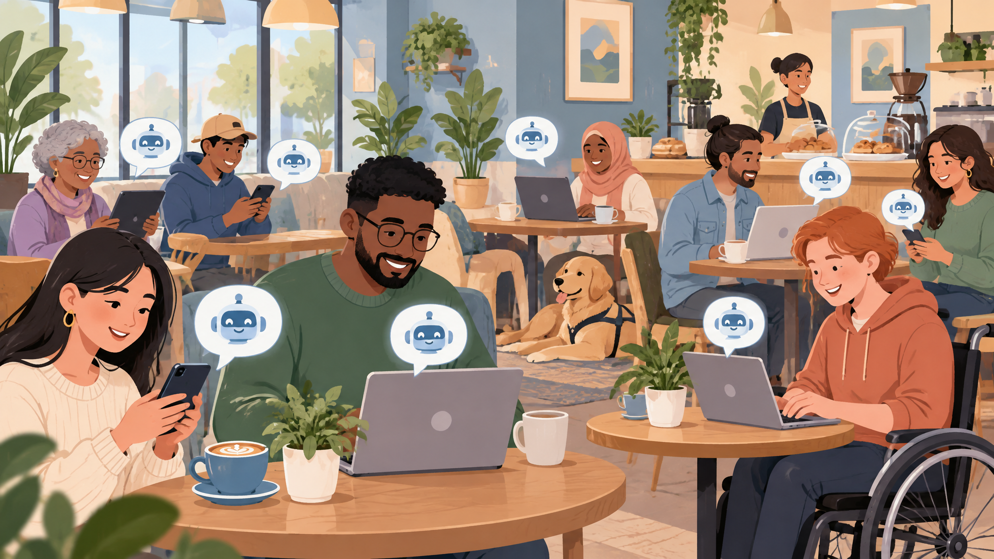 People using AI tools in a welcoming setting