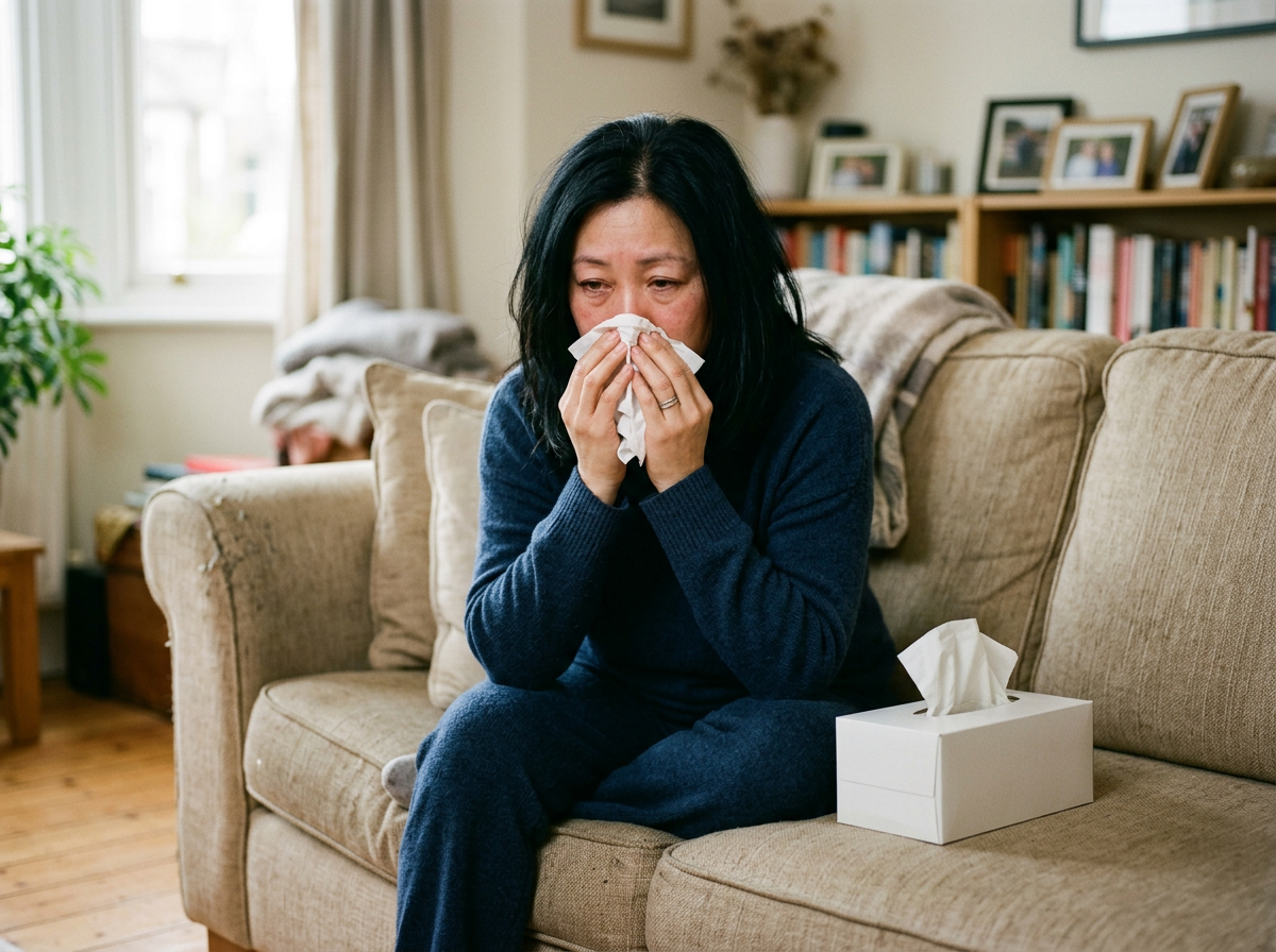 Asian female veteran in her 40s sitting on a couch holding a tissue to her nose with visible congestion and discomfort