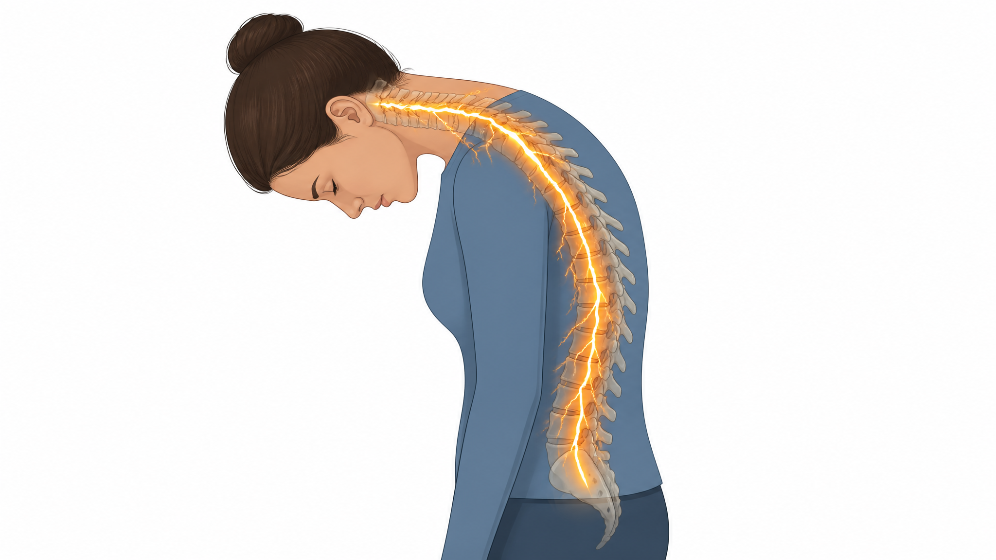 Illustration of a person bending the head forward with a jagged amber lightning streak traveling down the length of the spine, depicting Lhermitte's phenomenon