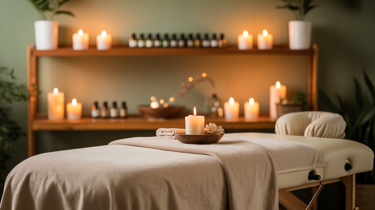 Calming professional massage therapy room with warm lighting and candles