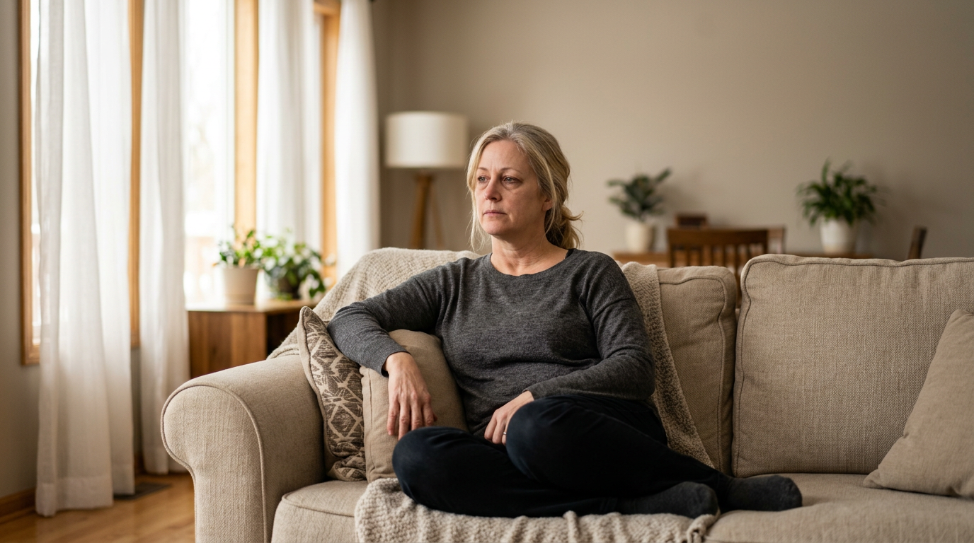White woman veteran in her 50s resting on a couch, tired but composed, in a warm home interior