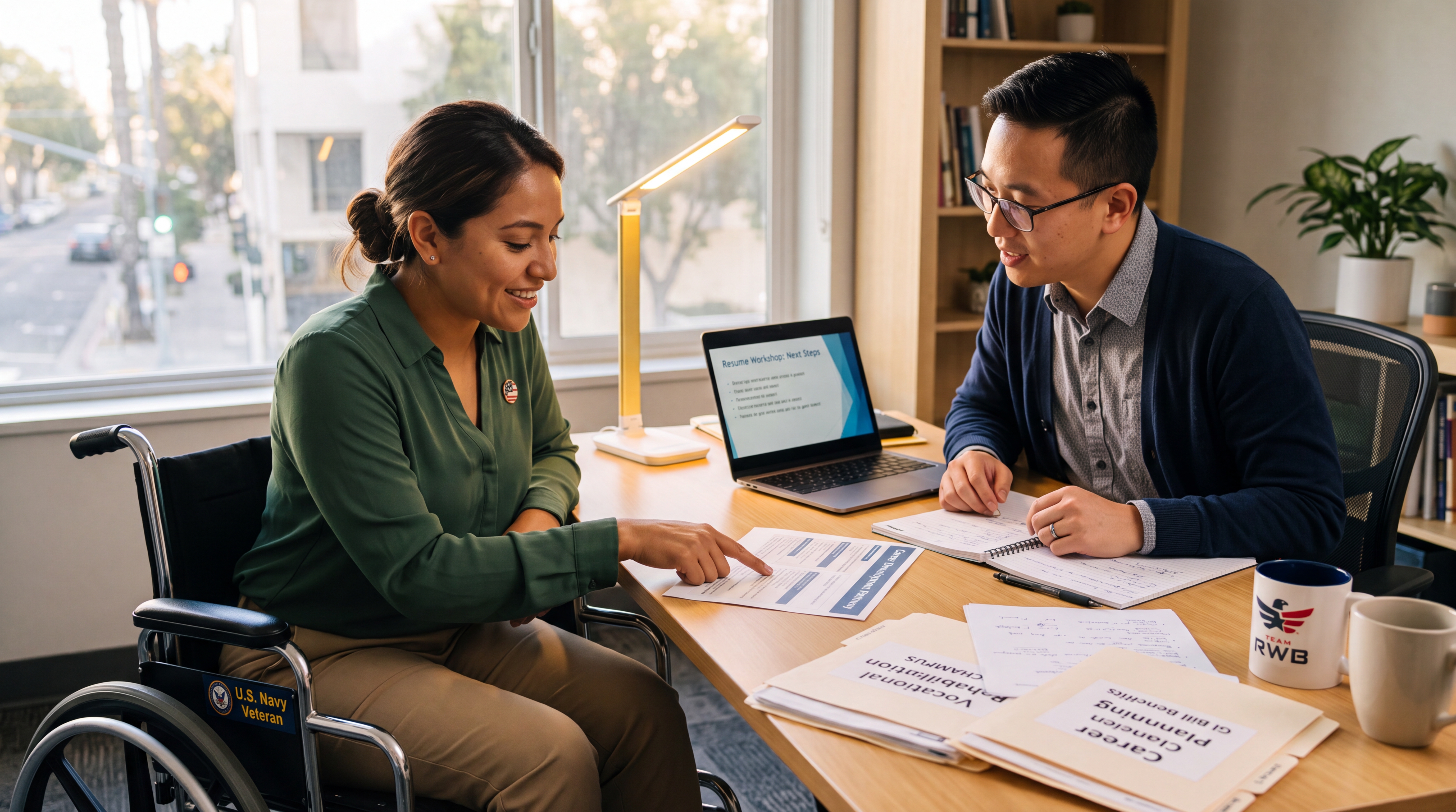 A veteran meeting one-on-one with a vocational rehabilitation counselor to plan a new career