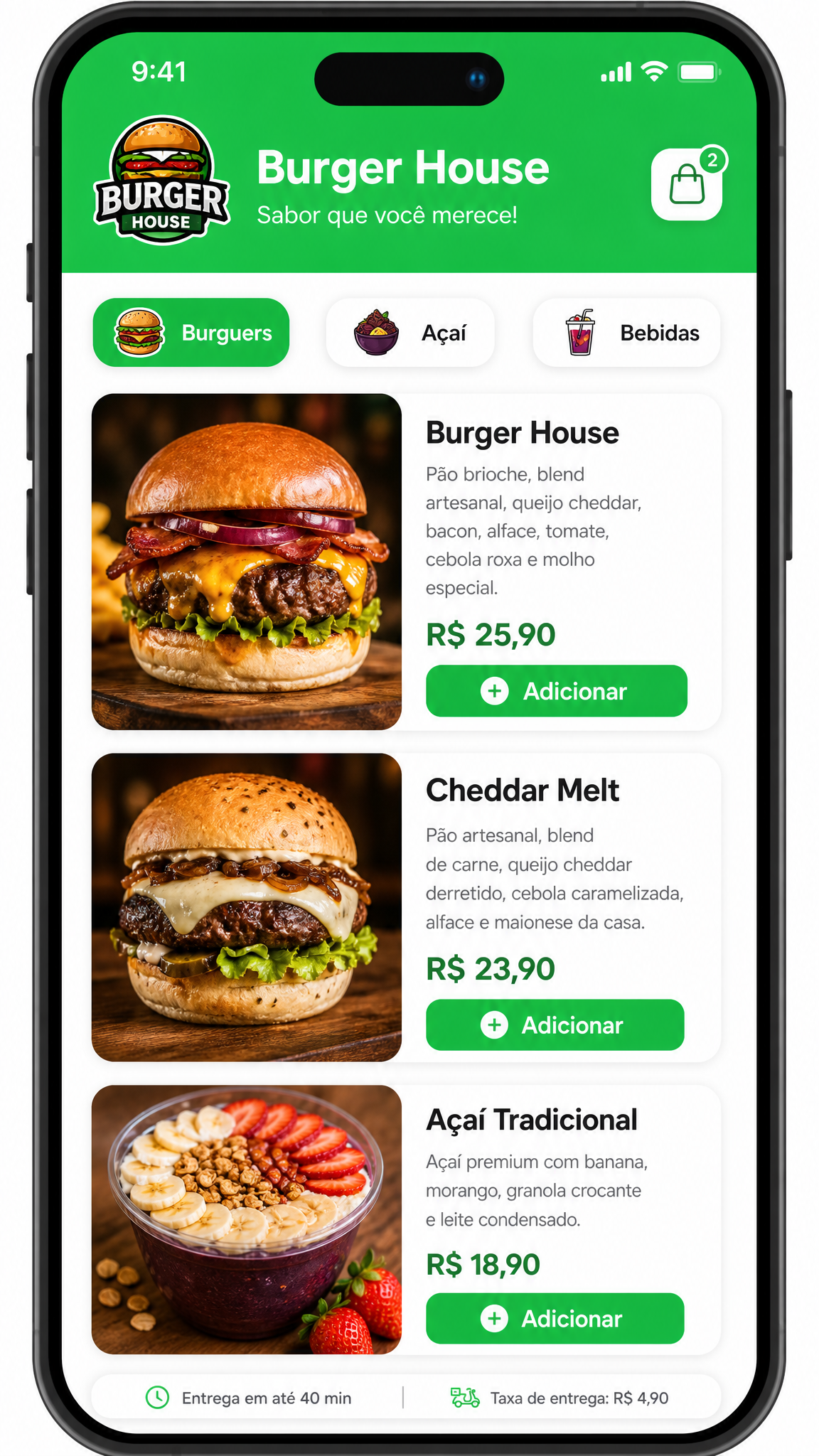Cardápio digital no celular com produtos, preços e botão de adicionar