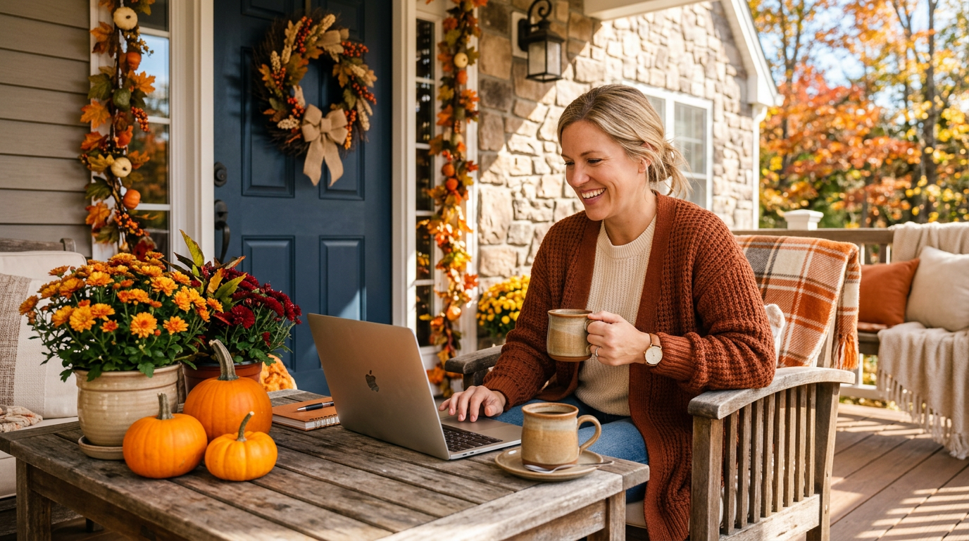 A cheerful autumn porch with pumpkins in warm daylight and a laptop on a table