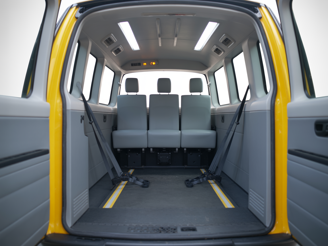 Interior espacioso del taxi adaptado mostrando área para silla de ruedas con sistemas de sujeción