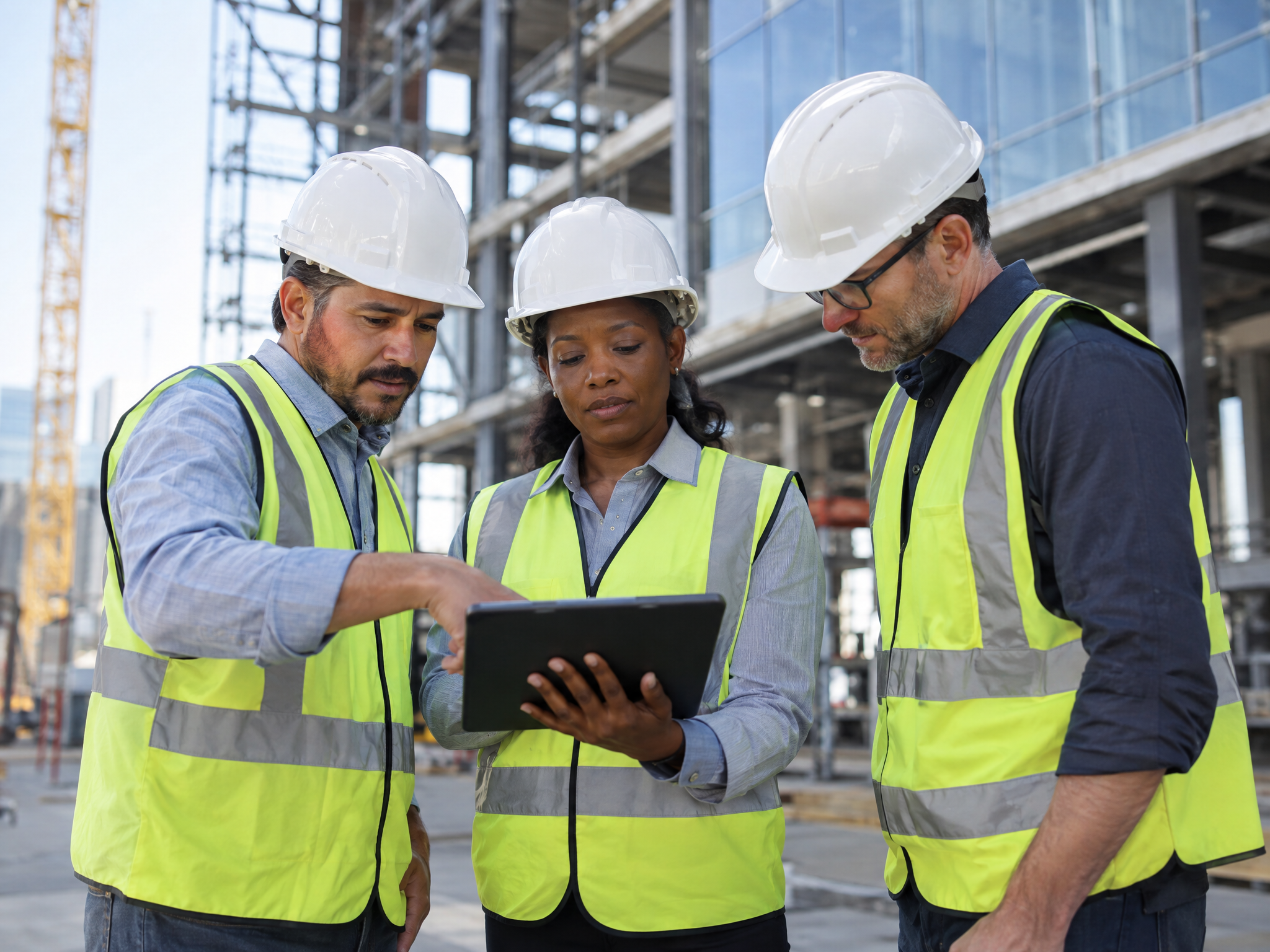 Project managers reviewing plans at a commercial construction site