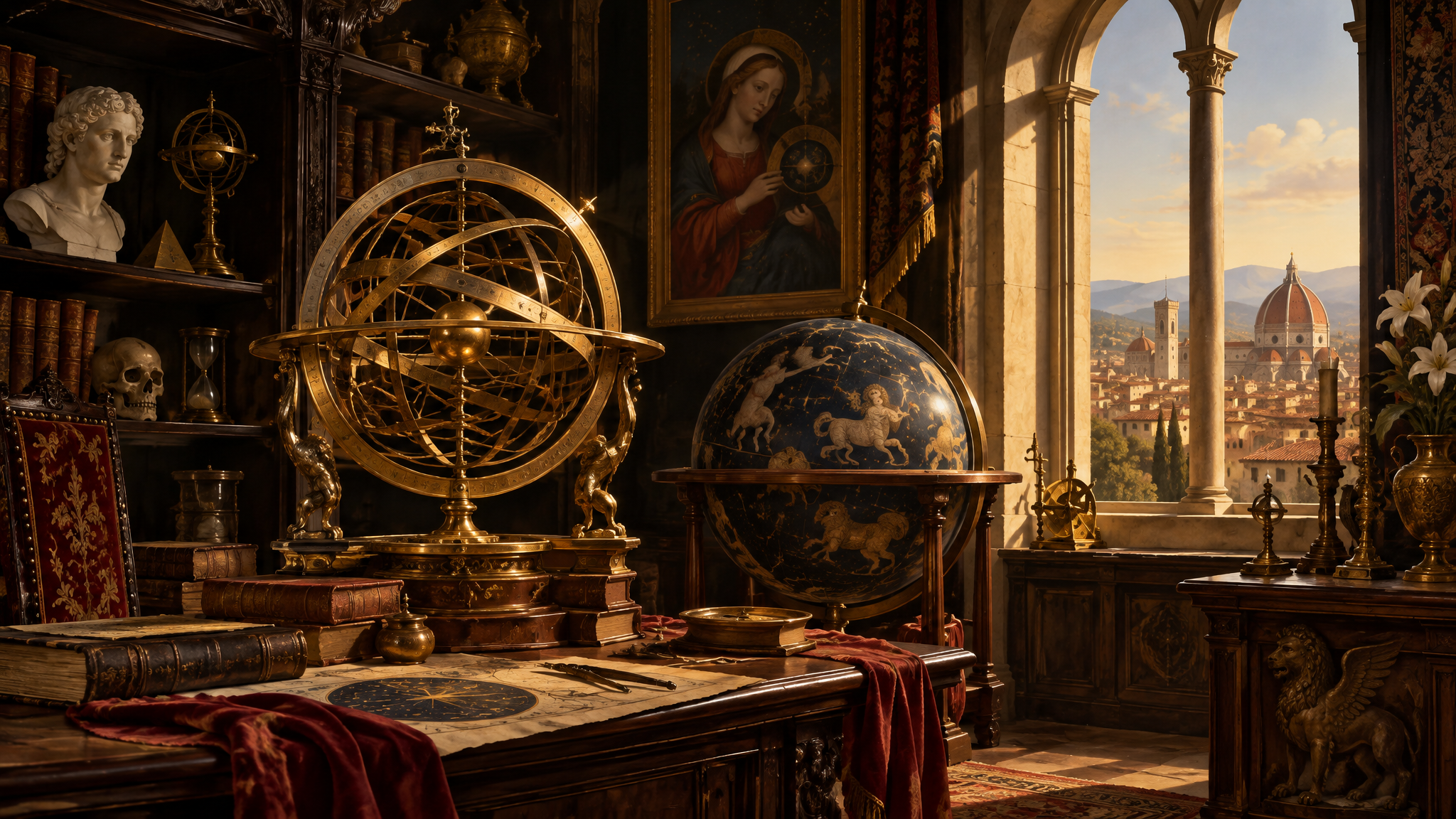 A Renaissance magus’s studiolo with an armillary sphere, a celestial globe and a tall arched window