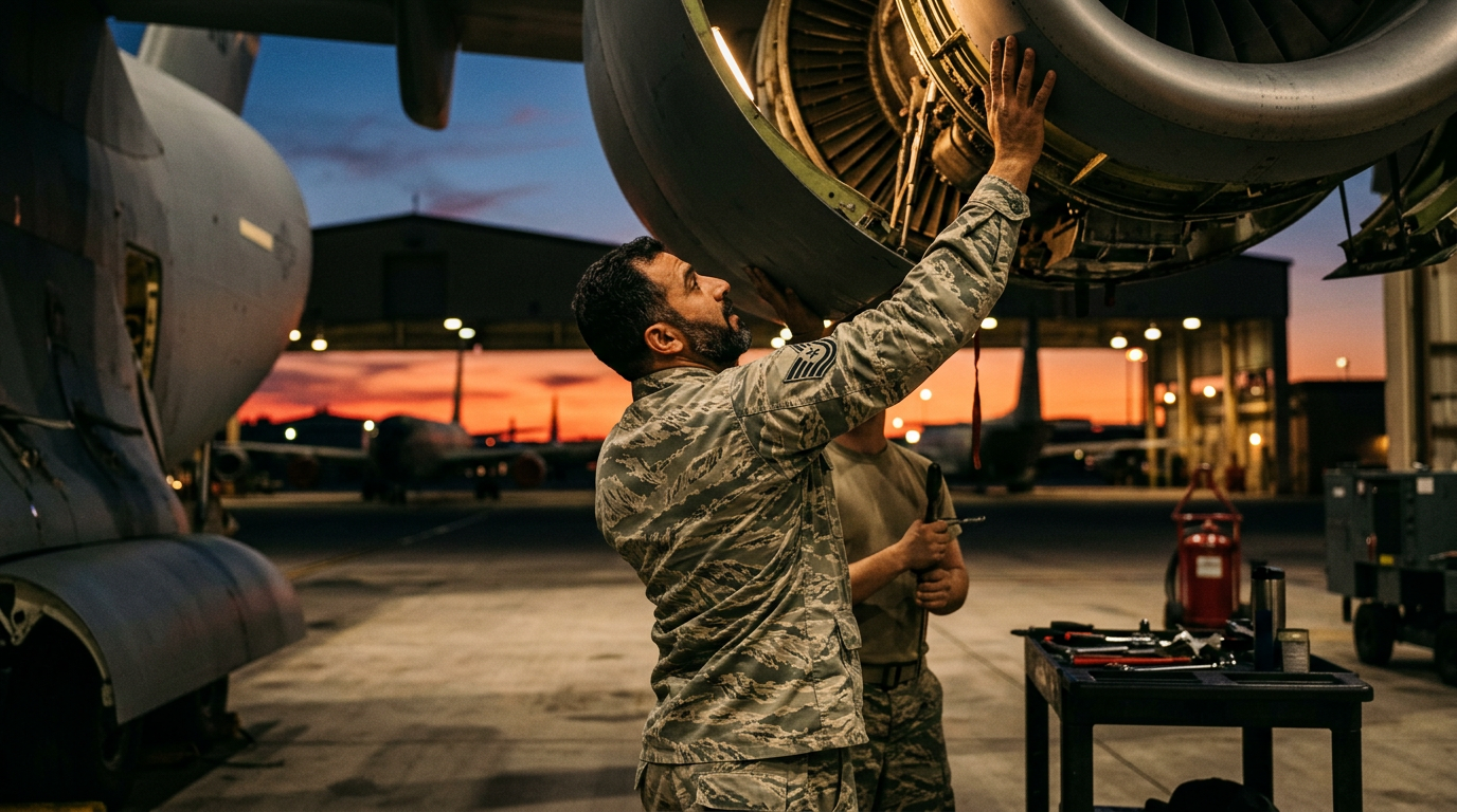 A Middle-Eastern man U.S. Air Force crew chief reaching overhead under an open aircraft engine panel on a flightline at dusk, torso extended and loaded through the mid-back