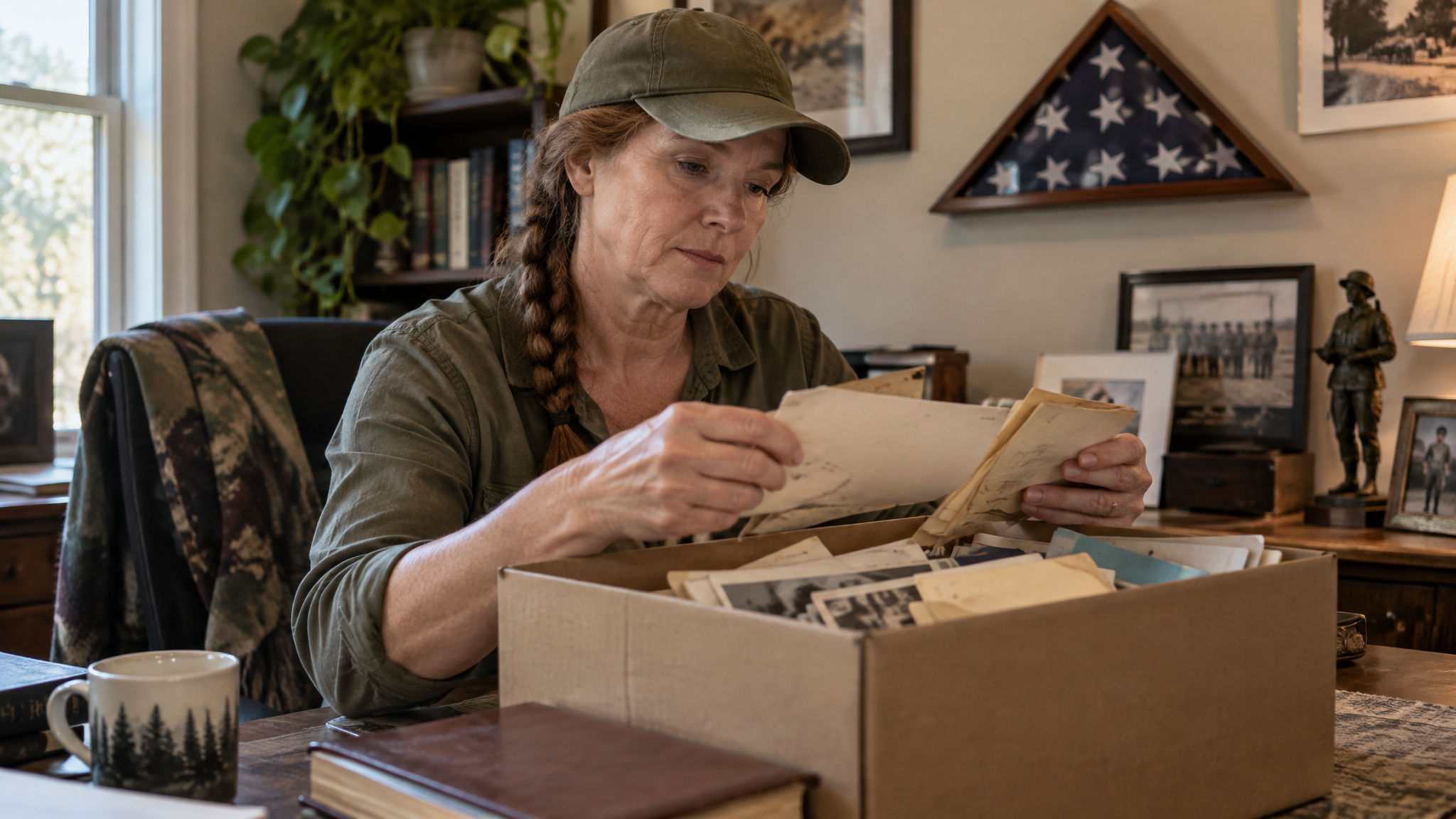 A woman veteran in her veteran cap sorting old envelopes and records beside her flag shadow box