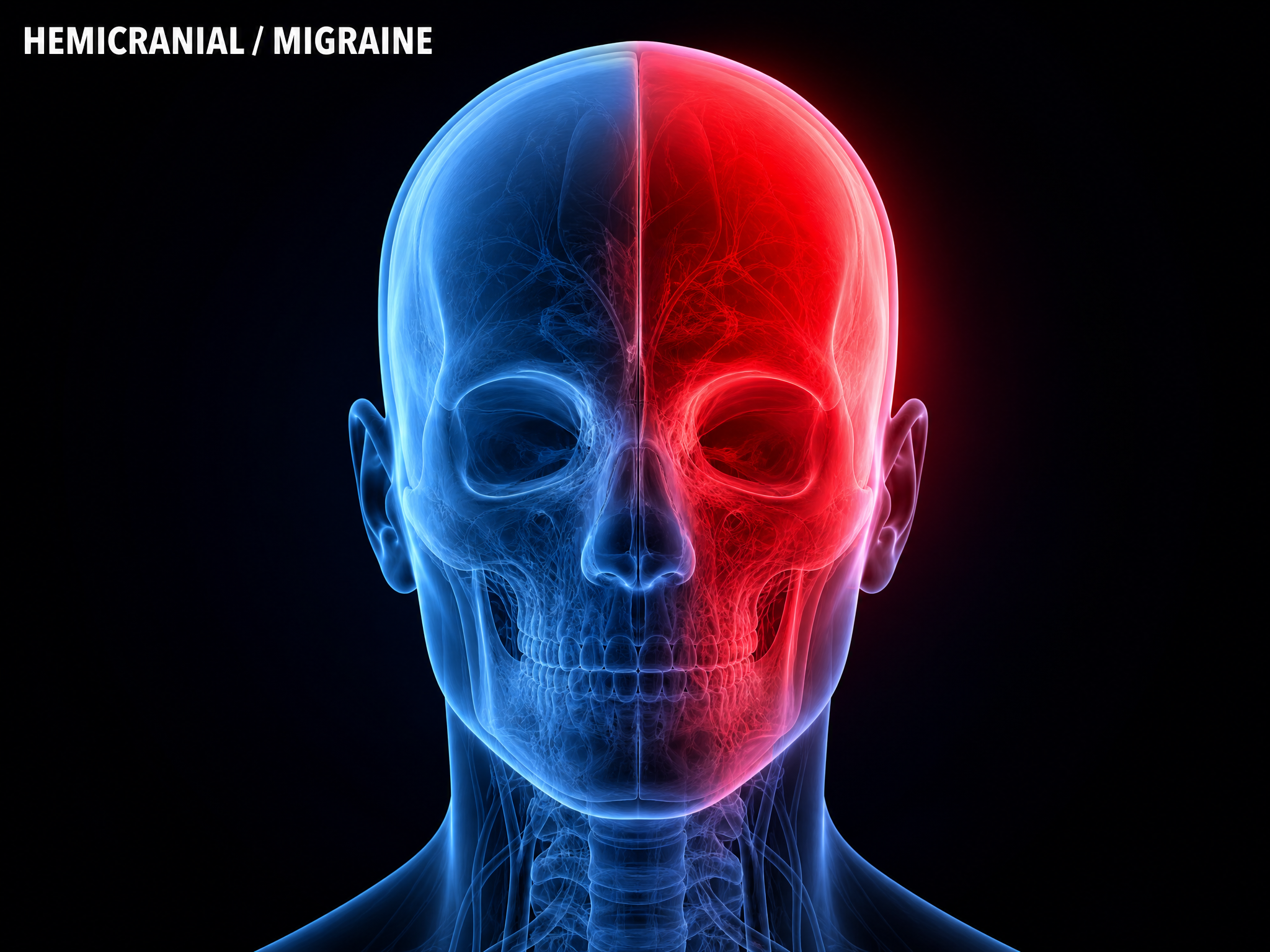 Anatomical figure of a head showing hemicranial migraine pain covering one entire side of the head from front to back