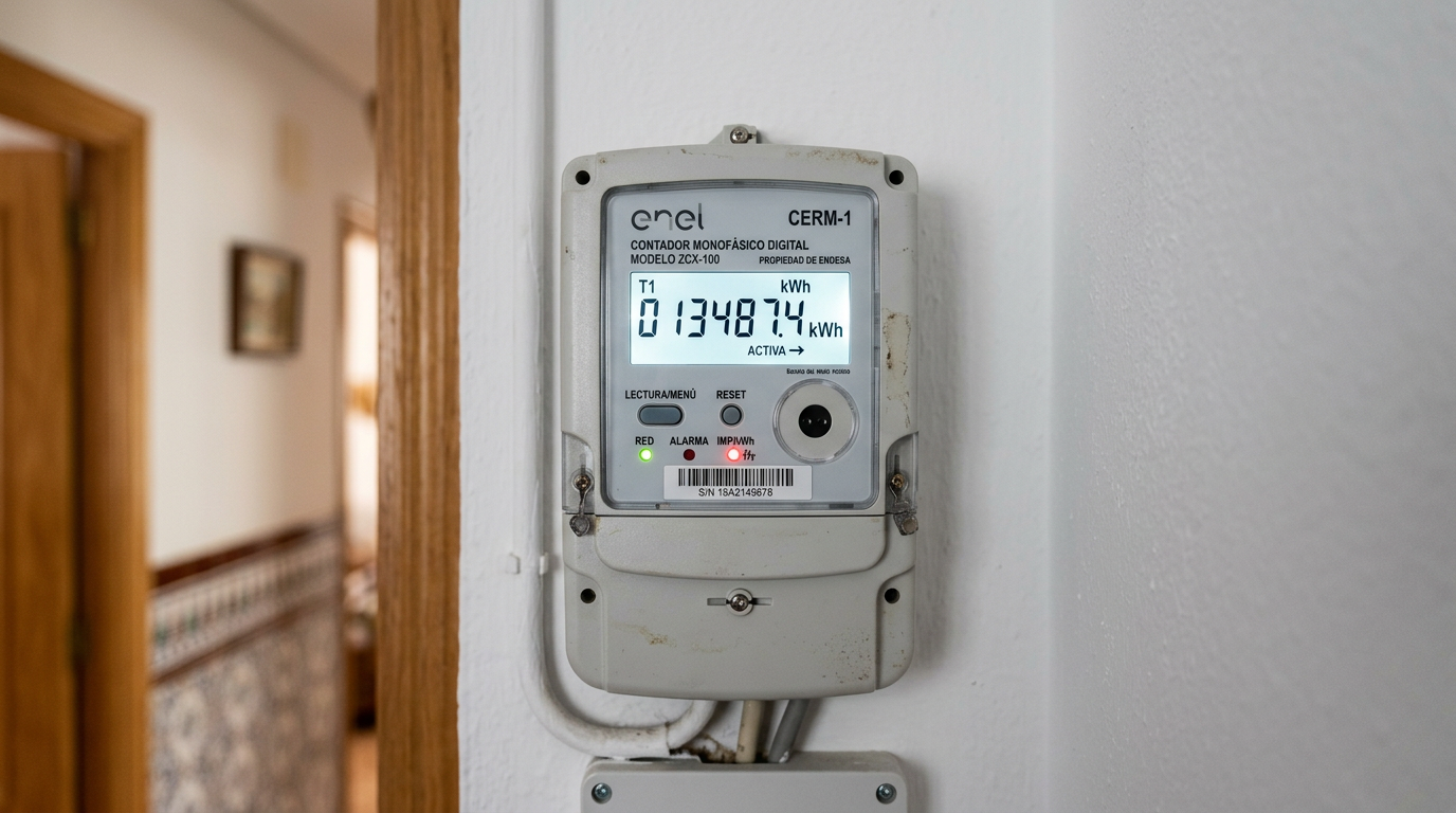 Contador eléctrico digital moderno en la pared de una vivienda