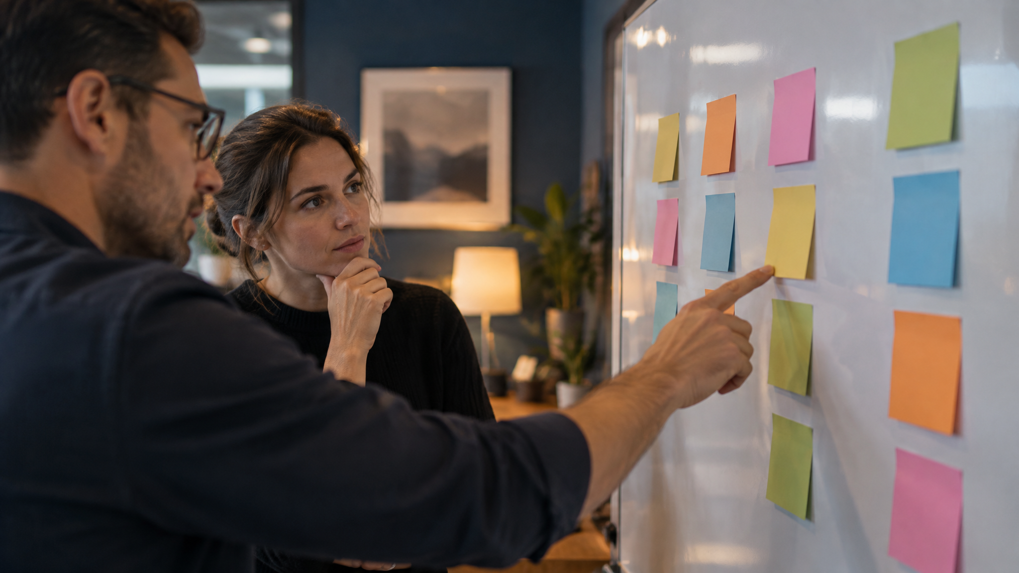 Quadro branco com post-its em colunas e mão apontando