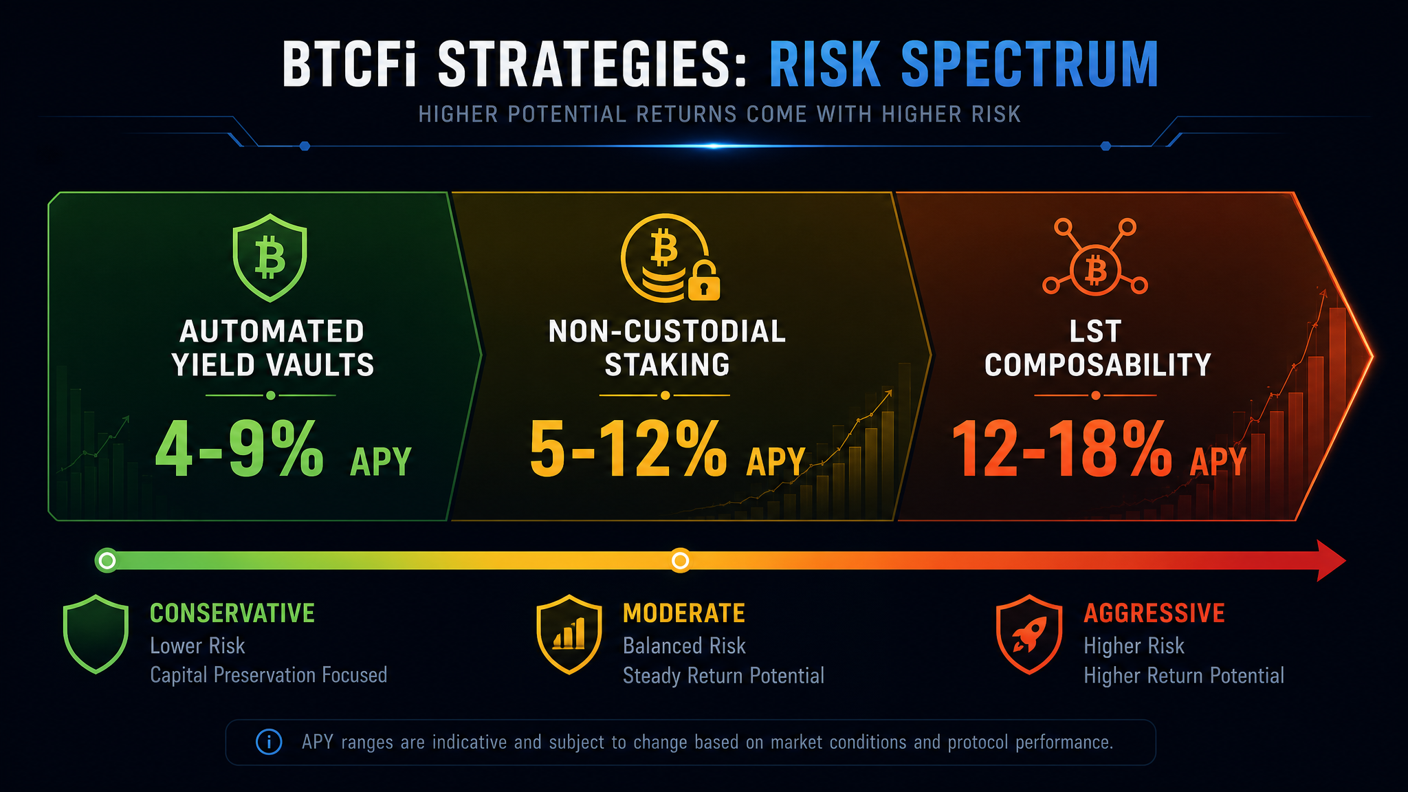 BTCFi risk spectrum chart showing strategies from conservative yield vaults to aggressive liquidity provision