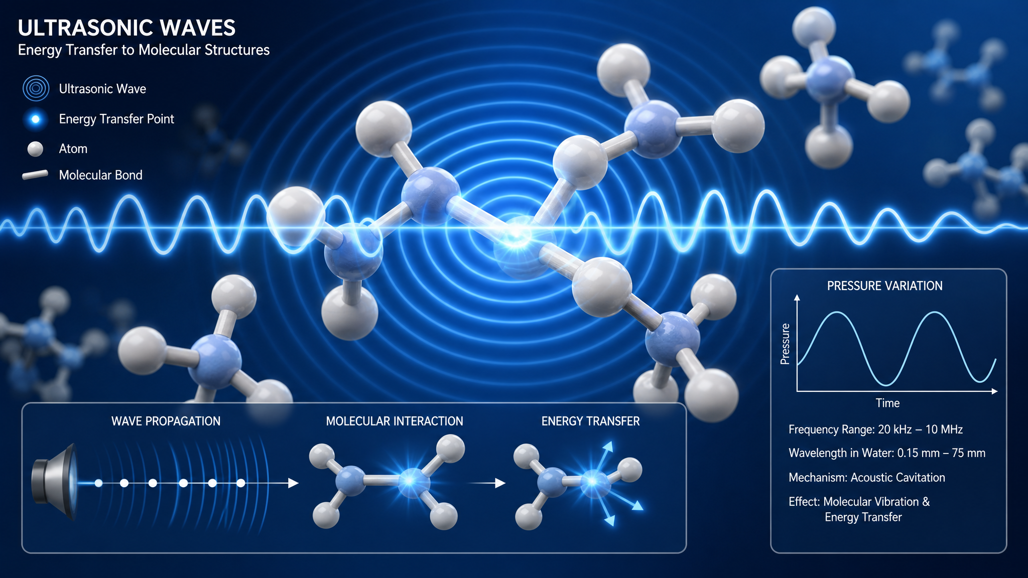 Ultrasonic sound waves interacting with molecular structures