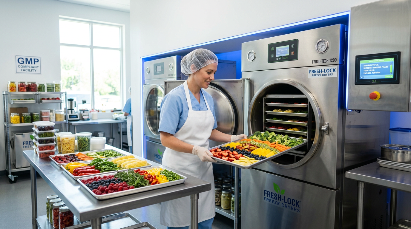 Technician loading fresh food onto stainless steel trays into a freeze dryer at a professional freeze drying facility in Panama