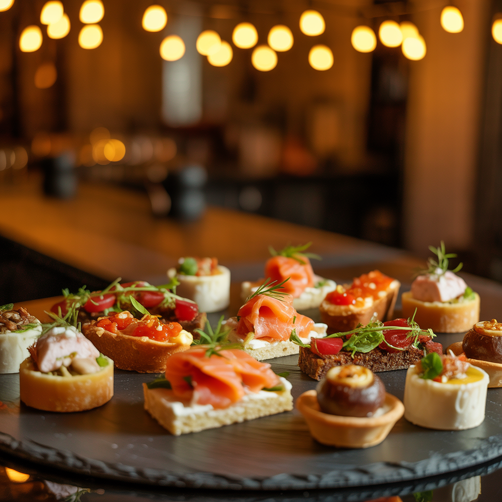 Artful finger food and canapés on dark slate board