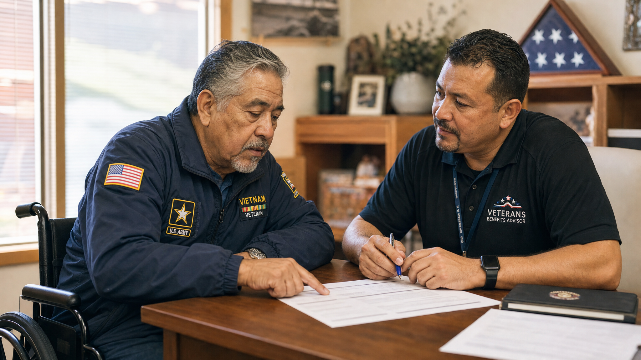 A senior Latino veteran in a wheelchair reviewing disability claim paperwork with a benefits advisor