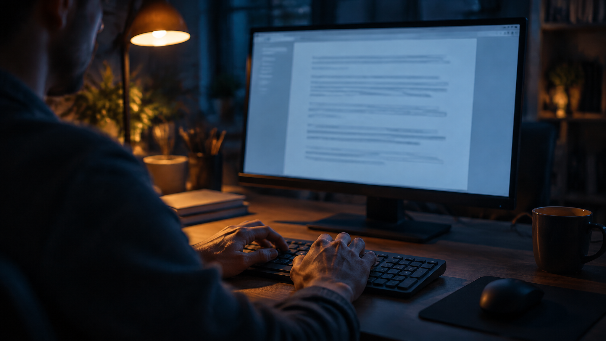 Tela de computador com documento aberto e mãos no teclado, ambiente de trabalho concentrado