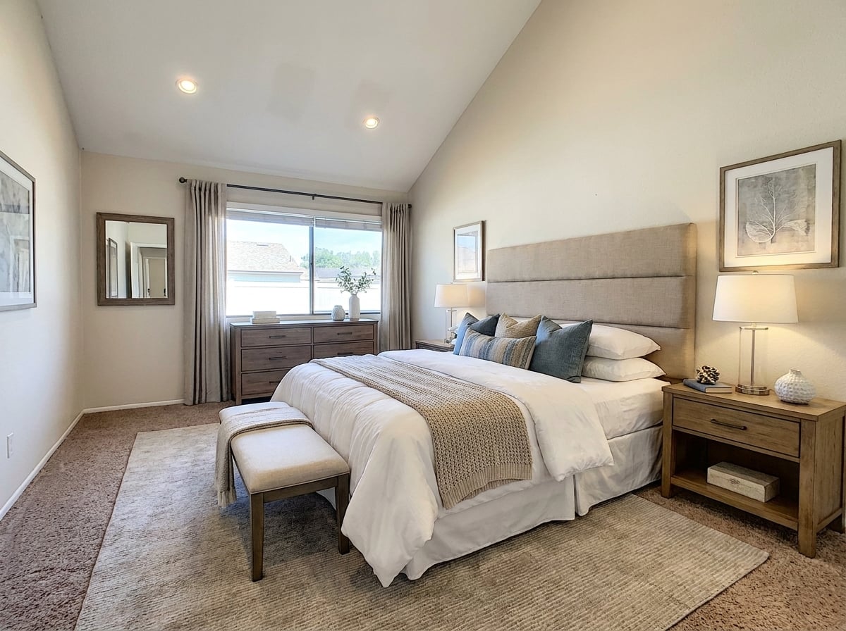 Bedroom with vaulted ceiling and large window