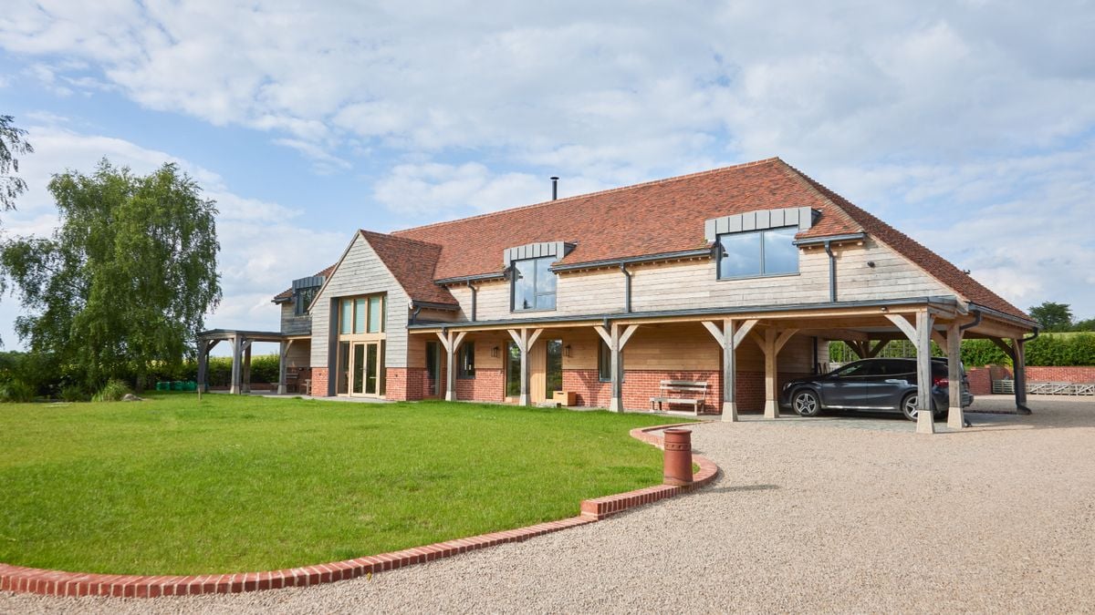 Block paving driveway with herringbone pattern