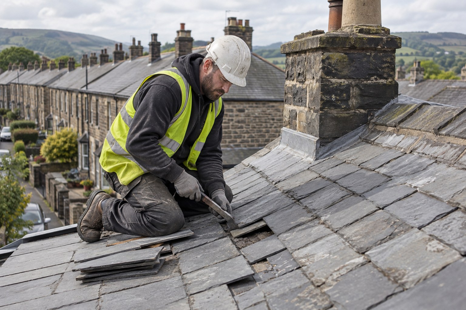 Roofer replacing slates on a terraced house roof in the Pennines
