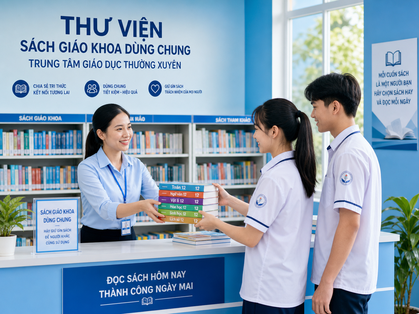 Học sinh nhận sách giáo khoa tại quầy thủ thư của thư viện nhà trường